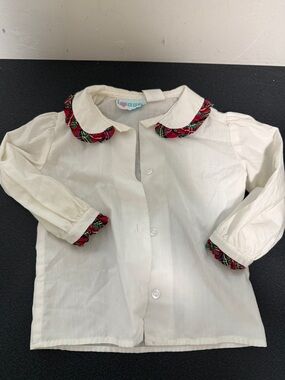 Girls Cream Button-Front Shirt with Red Tartan Trim 90’s